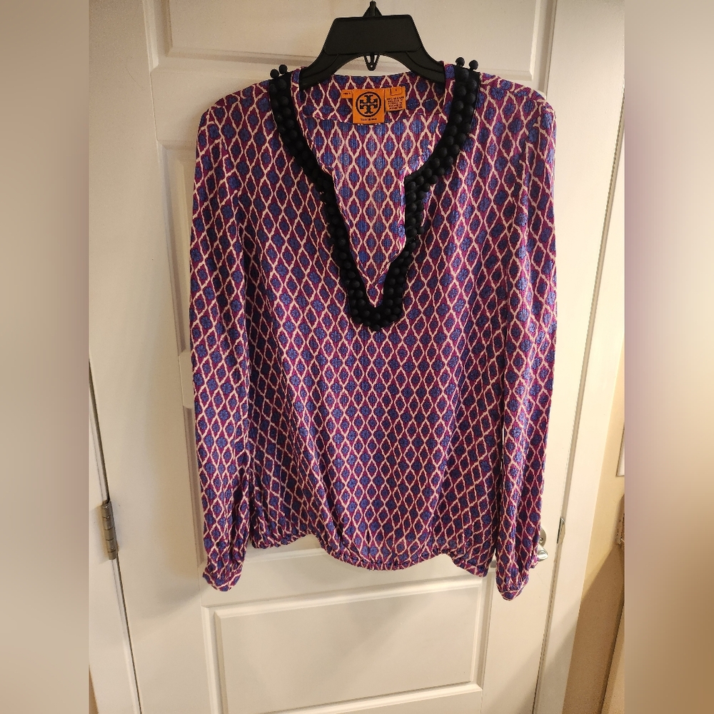 Tory Burch Purple and Pink Geometric V-Neck Blouse with Black Trim